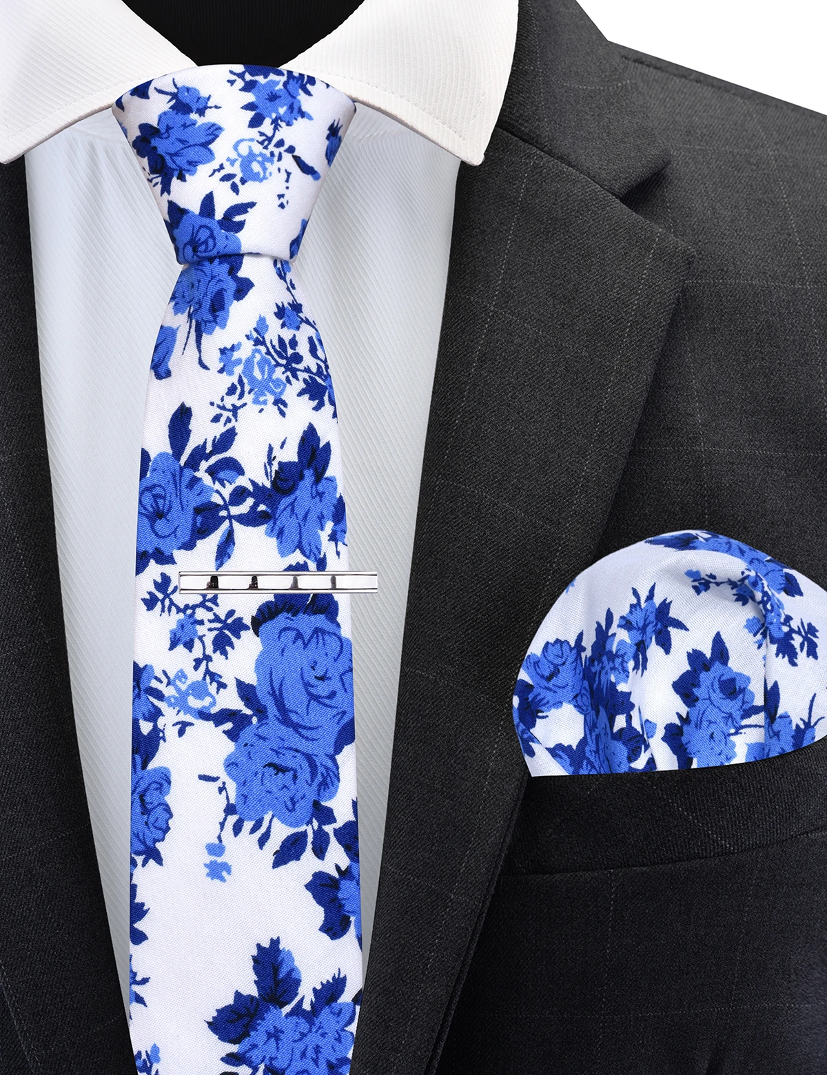Wholesale Mens Cotton Printed Floral Skinny Neck Ties 6cm Necktie with Pocket Square Hanky Tie Clip Set