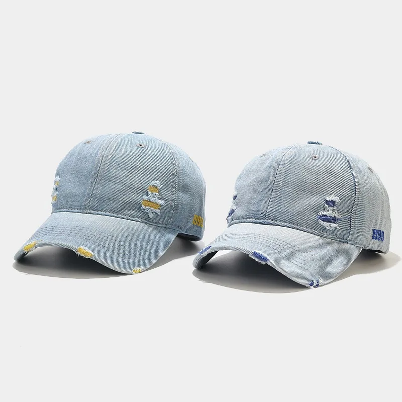 OEM embroidery washed 6 panel baseball cap custom logo distressed dad hat denim