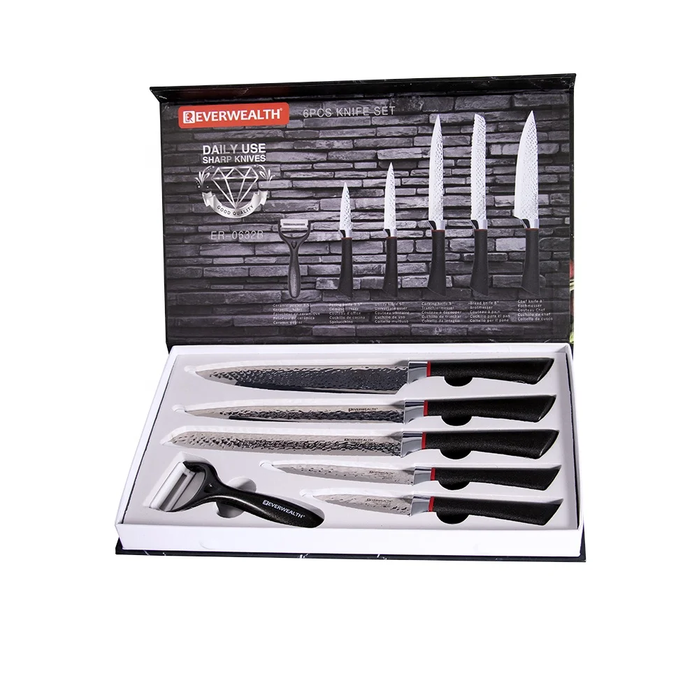 Chinese Manufacturer 6 PCS Stainless Steel Forged Chef Kitchen Knife Set With Hammer Pattern Embossed Blade