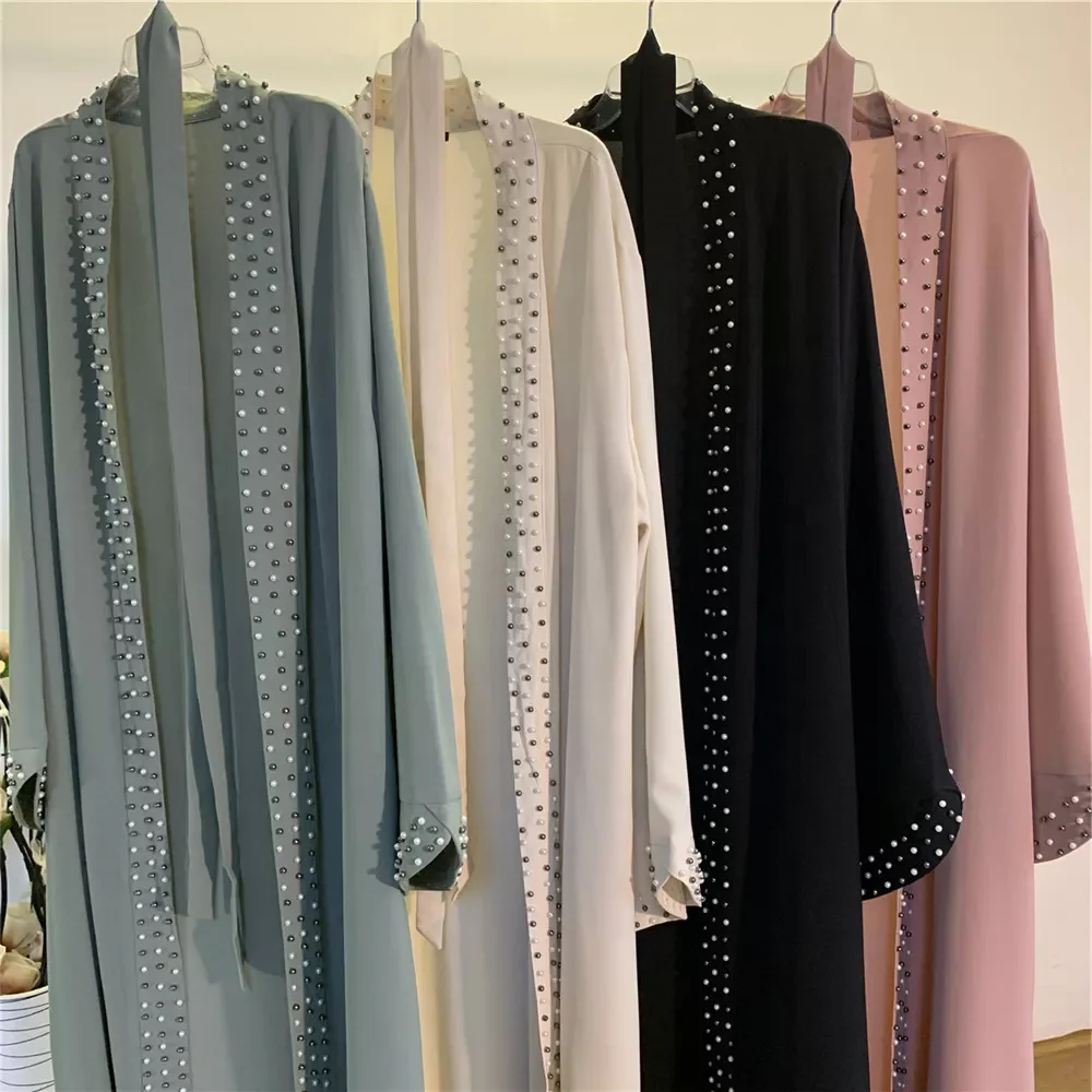 Middle East Eid Muslim Beaded Pearls Kimono Modest Elegant Dubai Abaya with Beads For Women Kaftan Arab Turkey Islamic Clothing