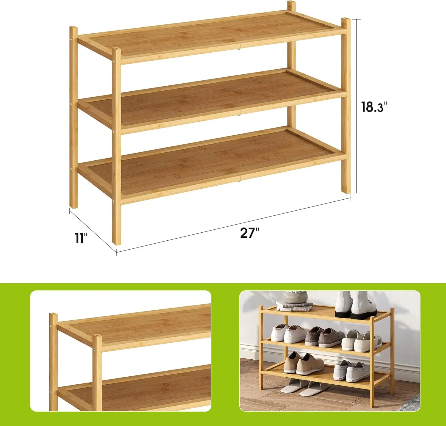 Premium 3-Tier Bamboo Shoe Rack Living Room Entryway Organizer with Stackable Shoe Shelf Storage Cabinet for Home Use