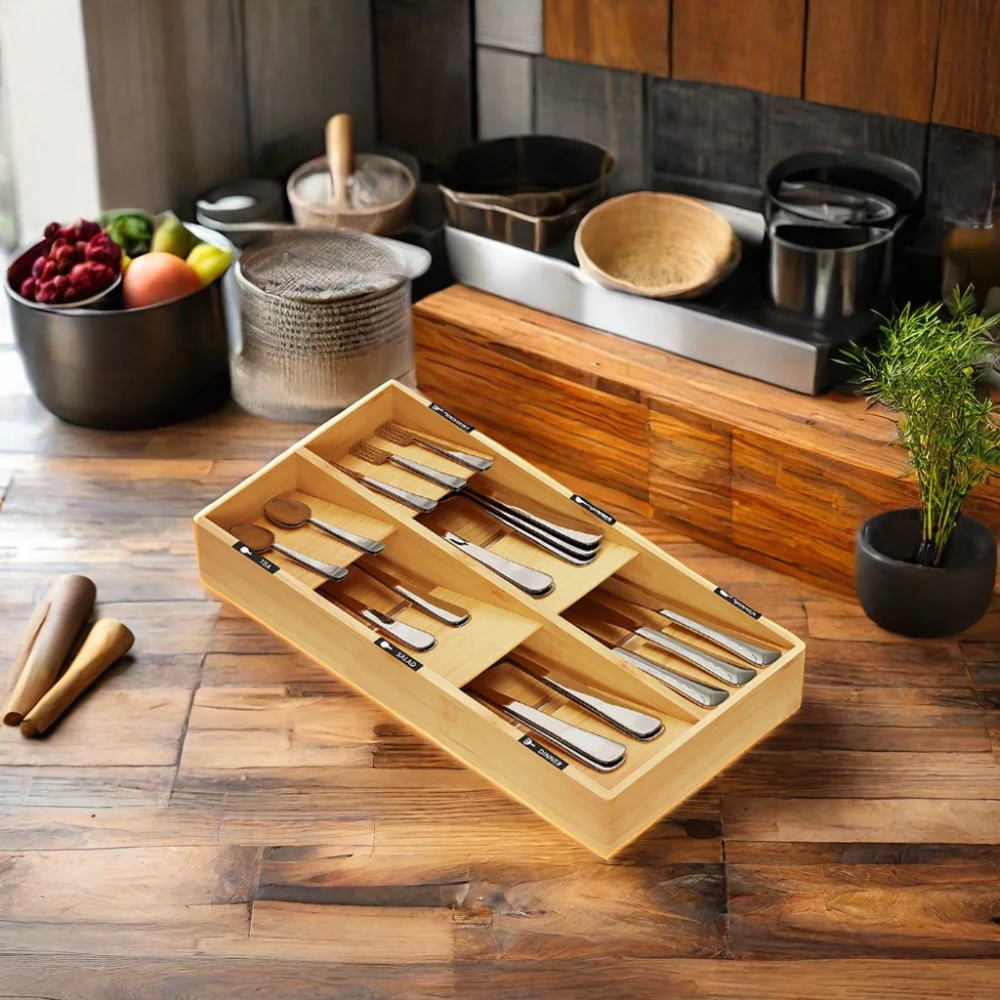 SOPEWOD Modern Rectangle Bamboo Utensil and Sierware Organizer Eco-Friendly Lacquered Kitchen Drawer Cutlery Storage