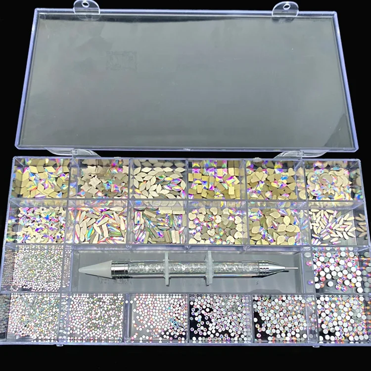 Ювелирные изделия, материалы для ногтей, стеклянные кристаллы разной формы, украшение для ногтей, дизайн, камень для ногтей, кристаллы в коробке
