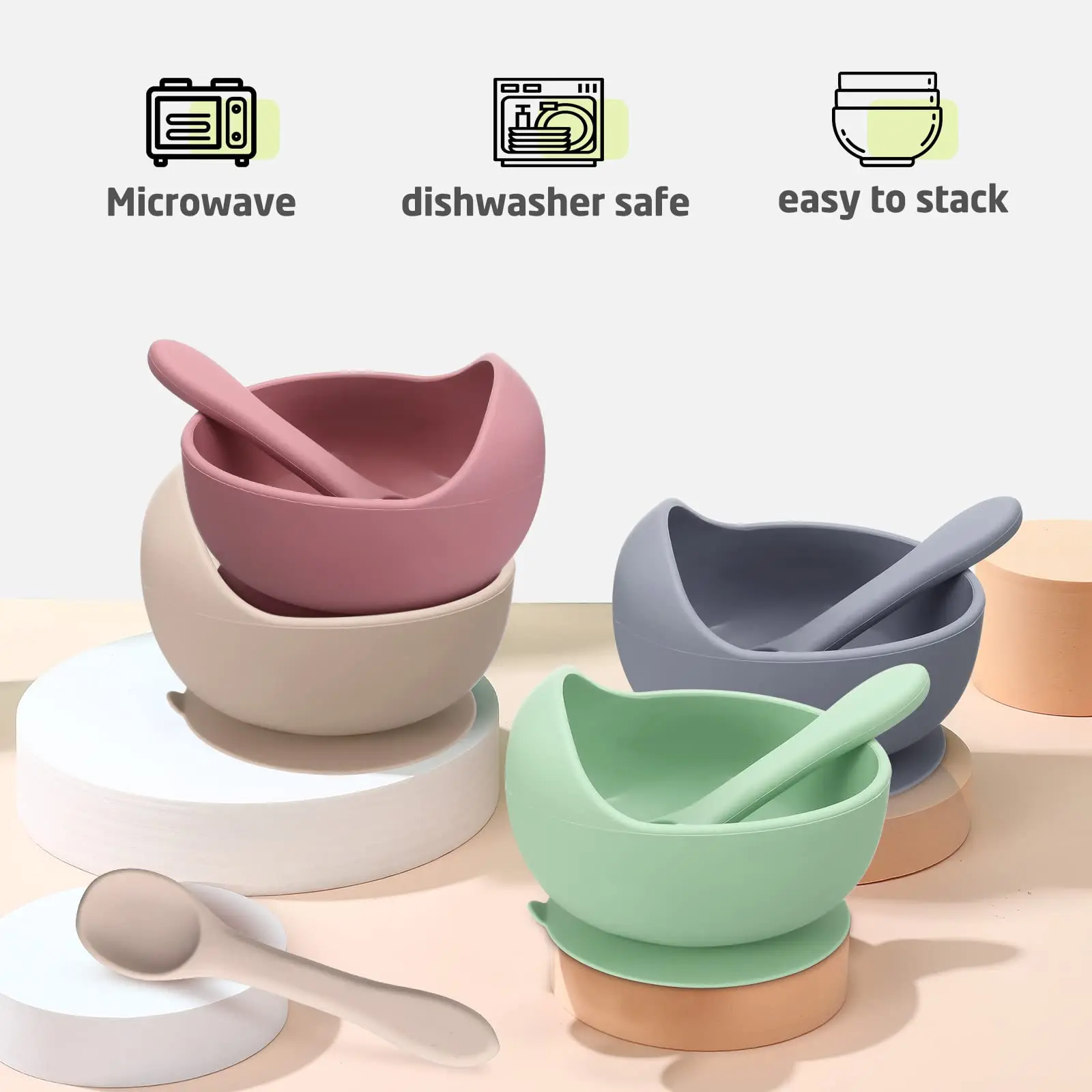 Food Grade Silicone Bowl with Suction BPA Free Silicone Plate with Spoon for Baby Easy to wash Bowl and Silicone Spoon 2pack