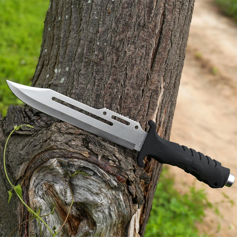 Straight blade soft touch handle knife hunting outdoor survival serrated edge bushcraft knife