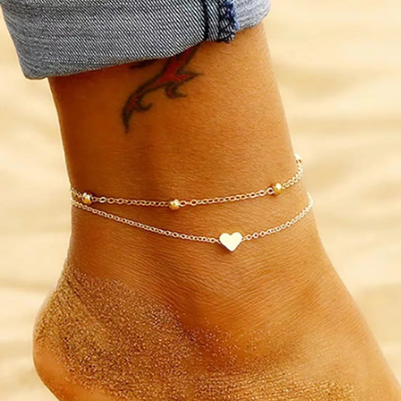 Explosion Simple Personalized Heart Feet Double Layer Beach Anklets Female Ankle Jewellery