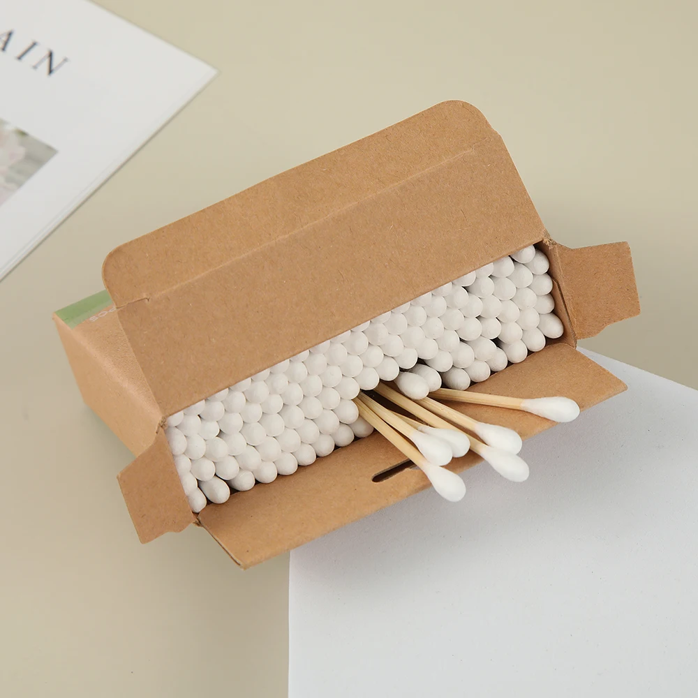 Wholesale Low Moq Custom Logo Ear buds 100 Pieces Aircraft Hole Hang Card Bamboo Stick Cotton Bud With Kraft Paper Box