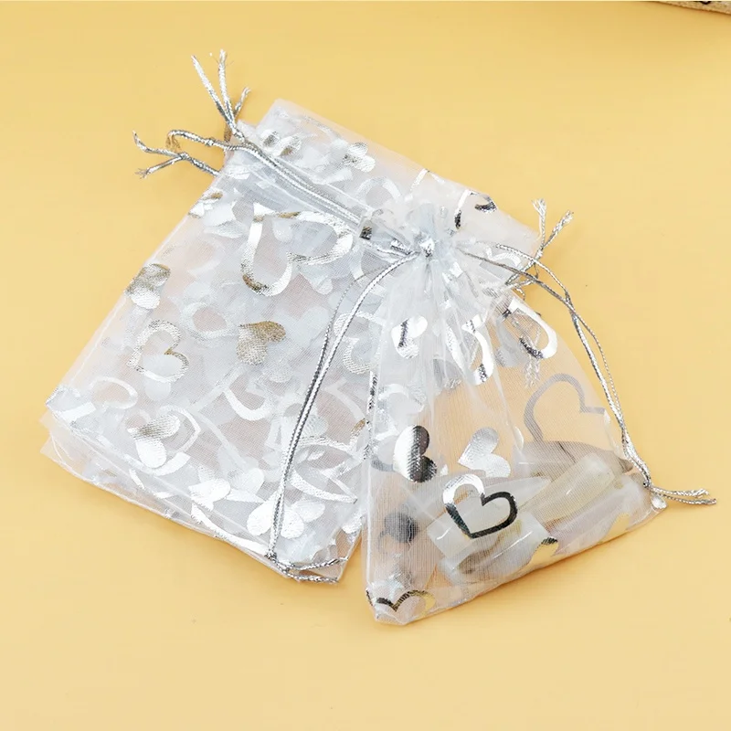 Wholesale 100pcs/lot White Organza Bag 7x9cm Silver Heart Print Wedding Jewelry Organizer Packaging Bags Pouches Nice Gift Bags