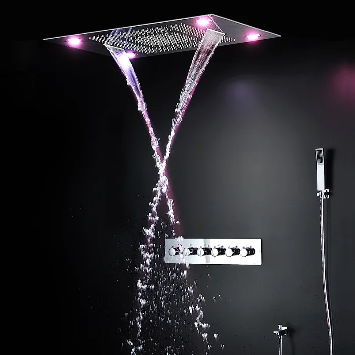 waterfall 600*800 MM Ceiling Concealed Mounted rainfall rain curtain mist led shower set stainless steel thermostatic shower