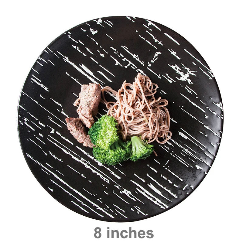 Wholesale customized ceramic dining plates 8 9 10.11 12 inch round matte black slate self-service dining plates