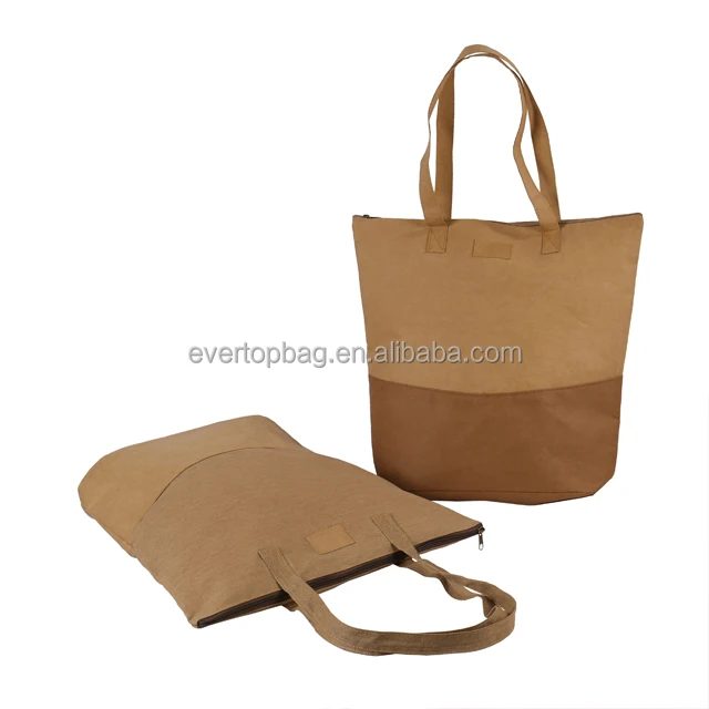 ECO Friendly Reusable Tote Shopping Zipper Washable Dupont Tyvek Kraft Paper Bags with Cotton Handles