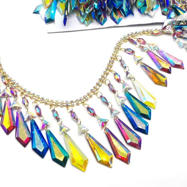 Customized iridescent jewel trim rhinestone tassel resin stone fringe trim for Sint Maarten carnival costume crafting