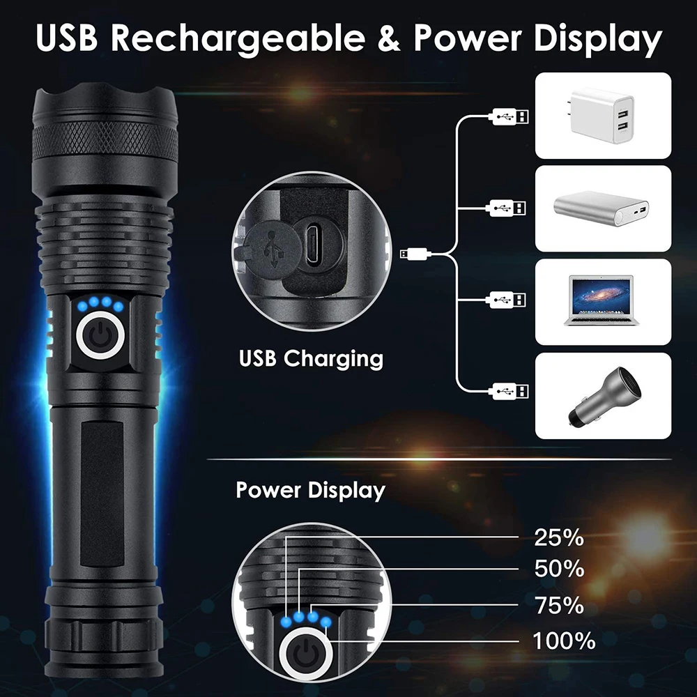 USB Rechargeable Led Flashlight 1000 Lumens XHP 50 Super Bright Tactical Torch Zoomable Waterproof Flashlight for Emergencies