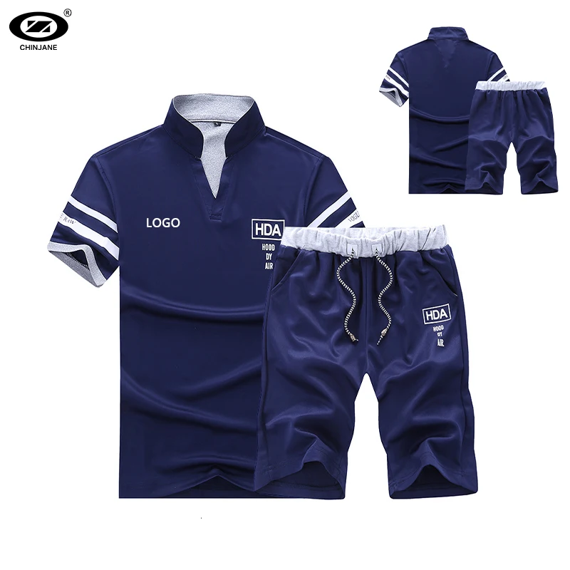 100% Polyester Fabric Men Summer Short Tracksuit Polo Collar Fitness Track Suit Sport Tshirt And Shorts Two Piece Set
