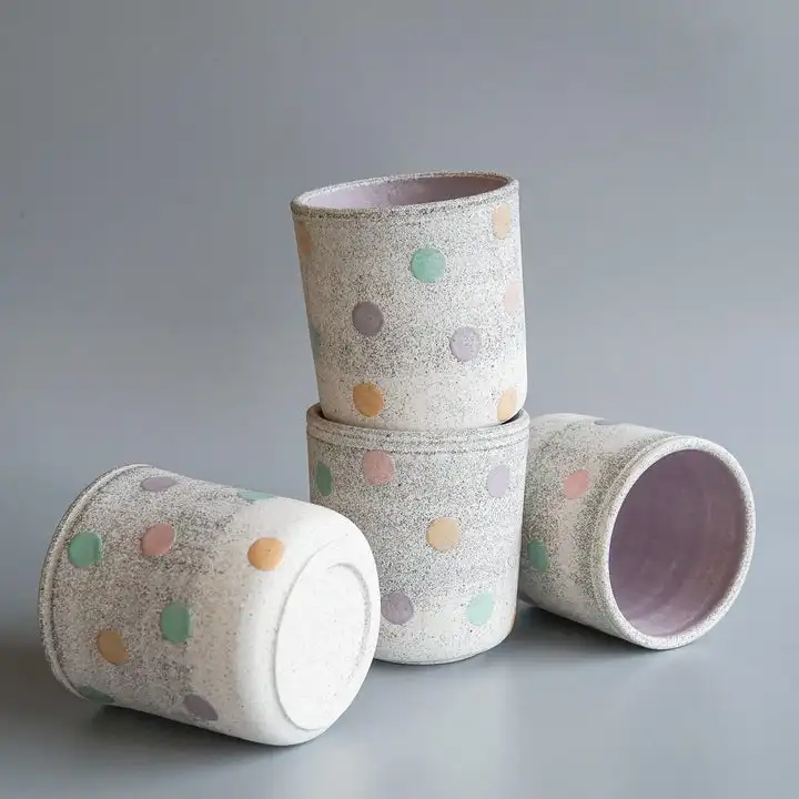 New Product Purple Interior Coffee Cup Handmade Colorful Polka Dot Clay Pottery Drink Water Tea Mug
