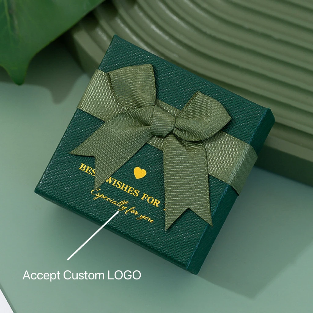 Luxury Dark Green Paper Cardboard Necklace Bracelet Rings Earrings Pendant Gift Paper Packaging Box for Jewelry with Bowknot