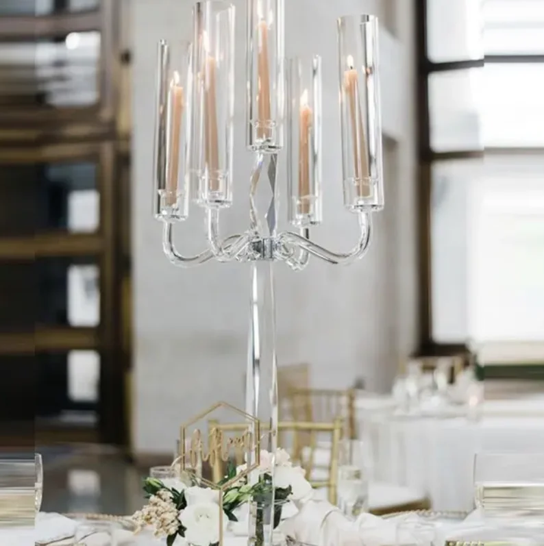 FOSUN 5 arm wedding table decoration crystal candelabra with glass tube Festive home event decoration
