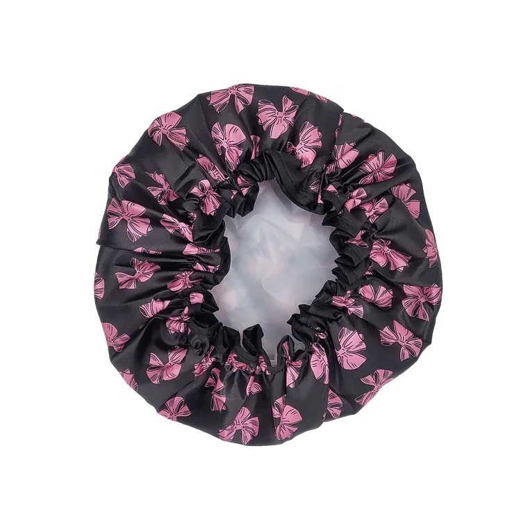  Custom Print PEVA Polyester Women Spa Bath Hat Elastic Hair Cover Bonnet Headgear Double Layer Waterproof Shower