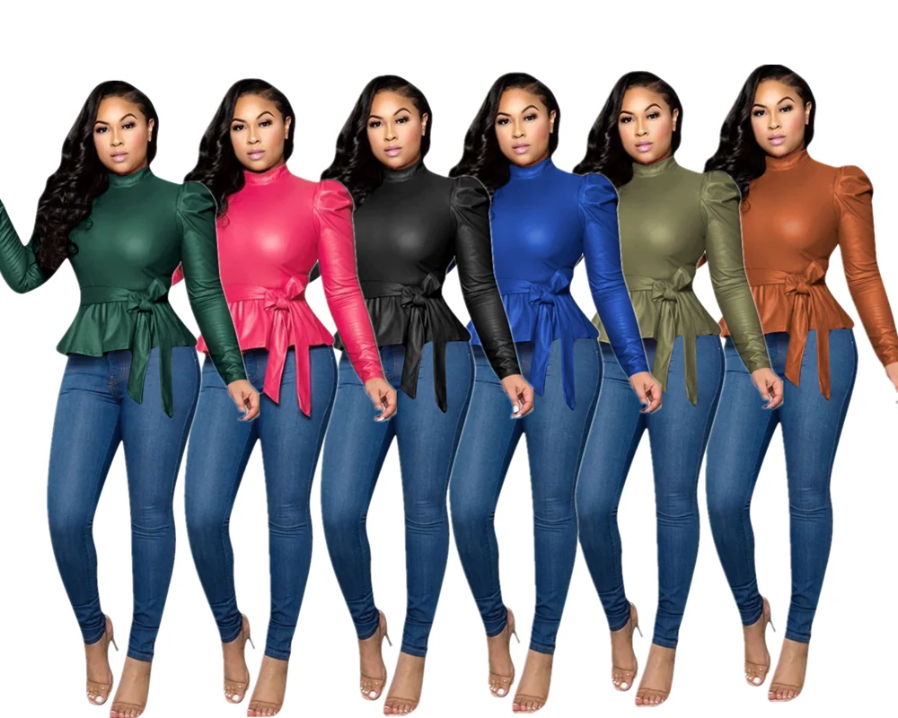 Женская блузка из Флокированной кожи, с длинным рукавом и полувысоким воротником, новинка 2021