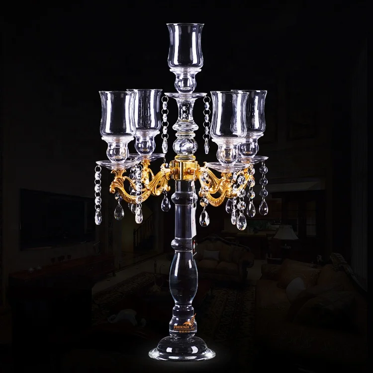 Wholesale classic metal gold arms crystal candle holders glass candelabra 5 lights with chimney for event table decorations