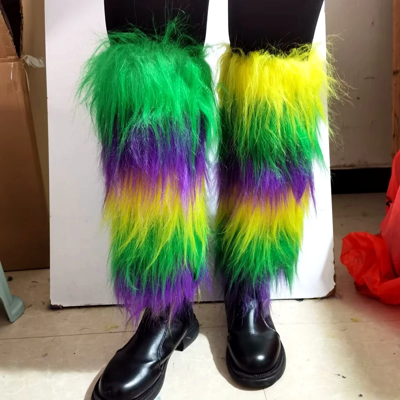 Haiwin Party Mardi Gras Purple Yellow Green Furry Leg Warmers for Women Masquerade Mardi Gras Costume