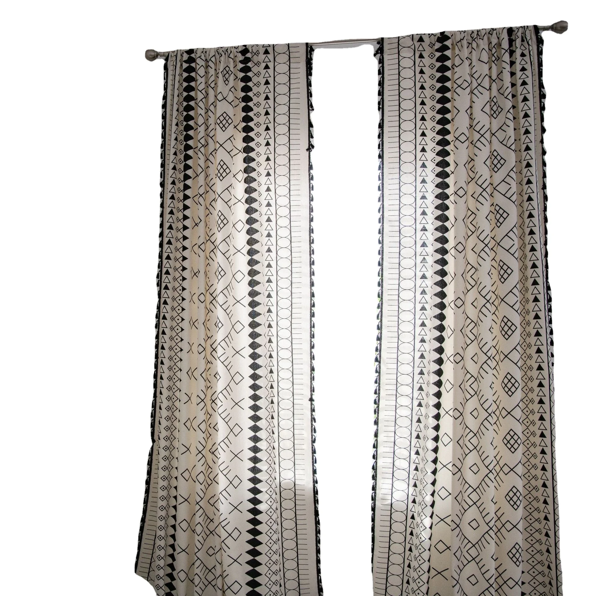 Curtain Cotton Linen Bohemian-Style Black White Printing Soft Blackout French Window Floating Curtain High Quality PVC Ready