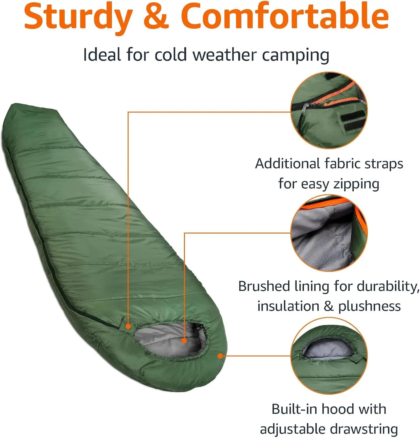 Cold-Weather Mummy Sleeping Bag  for Big & Tall Adults No-Snag Zipper with Adjustable Hood for Warmth and Ventilation