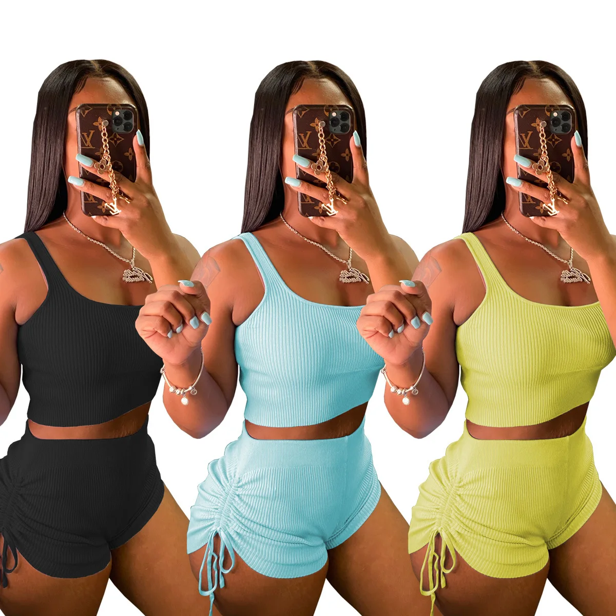 
ORWY6723 Spring and summer solid color sleeveless top shorts two piece short set 