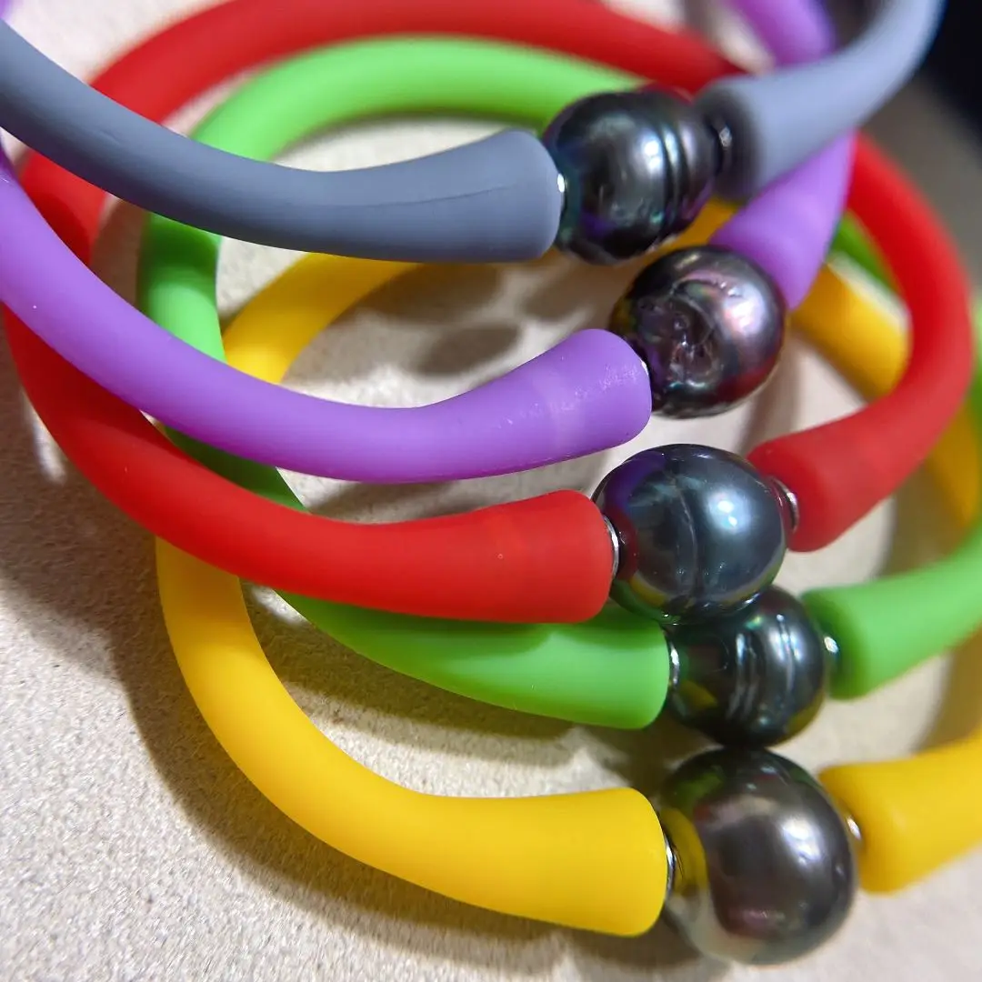Silicone Tahiti Pearl Bangle Colorful Waterproof Bracelet 14.5-20cm Length