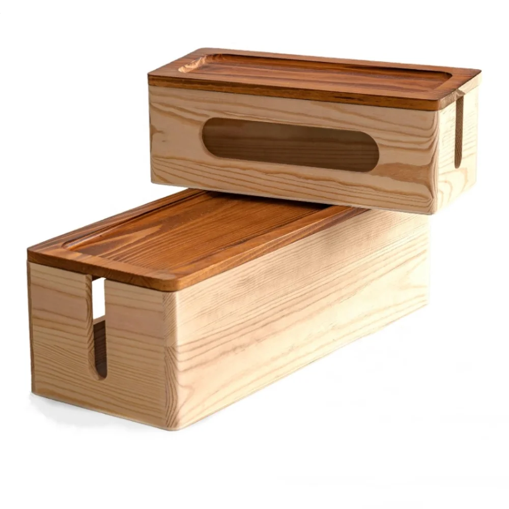 Set of 2 Natural Wood Cable Management Box Large & Medium Cord Organizer Box Set to Hide Wires and Power Strips