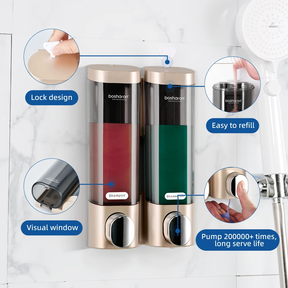 Factory ABS Plastic gold conditioner/Shampoo/Lotion Shower Dispenser System wall mount 300ml*2 double tank liquid soap dispenser