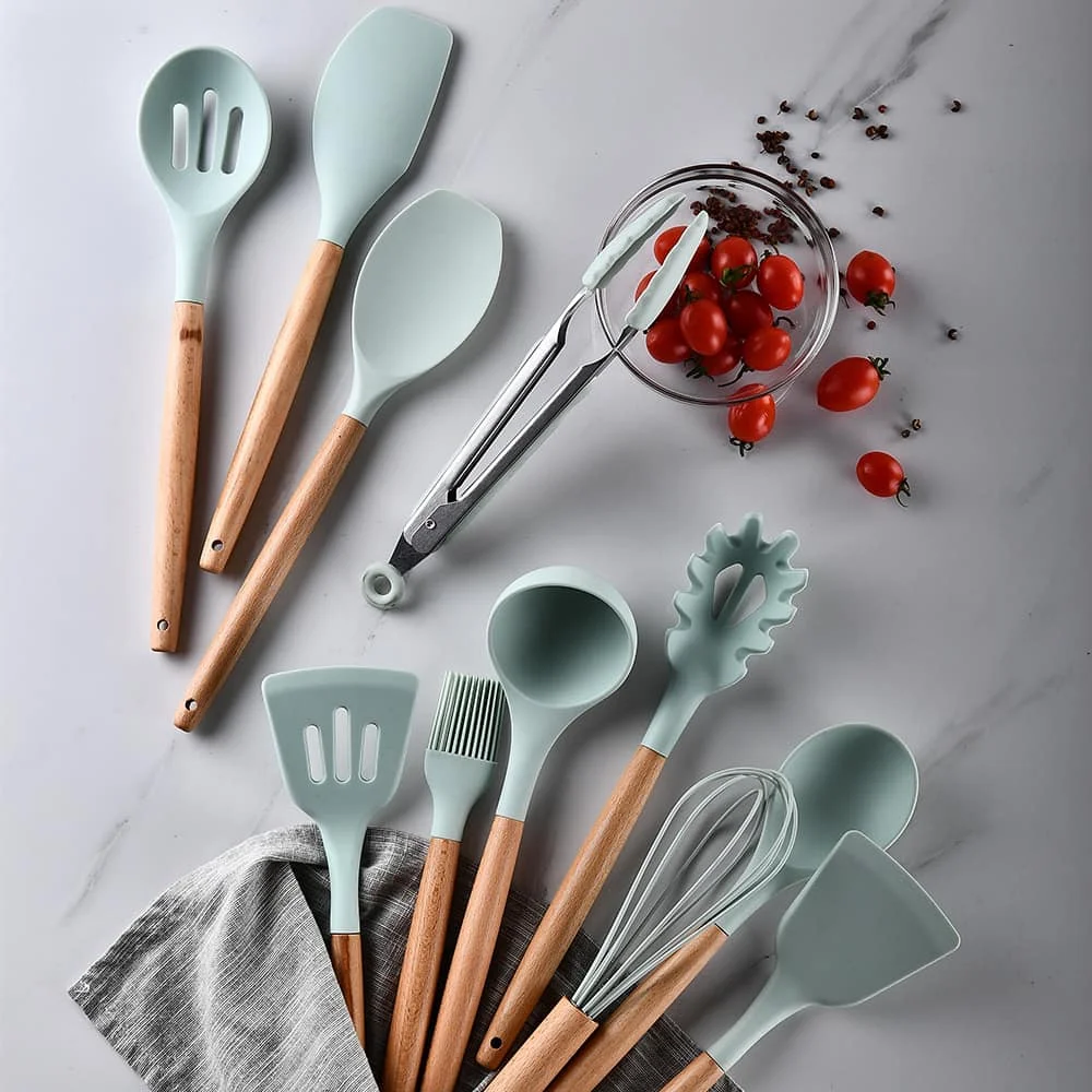 Non-stick Kitchen Utensil 12 Pcs Cooking Utensils Set Heat Resistant Cookware Silicone Kitchen Tools with Wooden Hold
