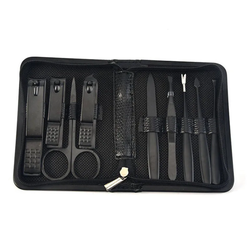 Black Stainless Steel 9 Pieces In 1 Manicure Sets Flat Slant Nail Clipper and Cuticle Pusher Nail Care Tools Kits