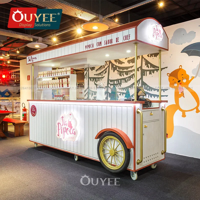 Custom Wood Display Metal Light Led Mall Food Kiosk Flower Cart Display White Candy Cart For Display