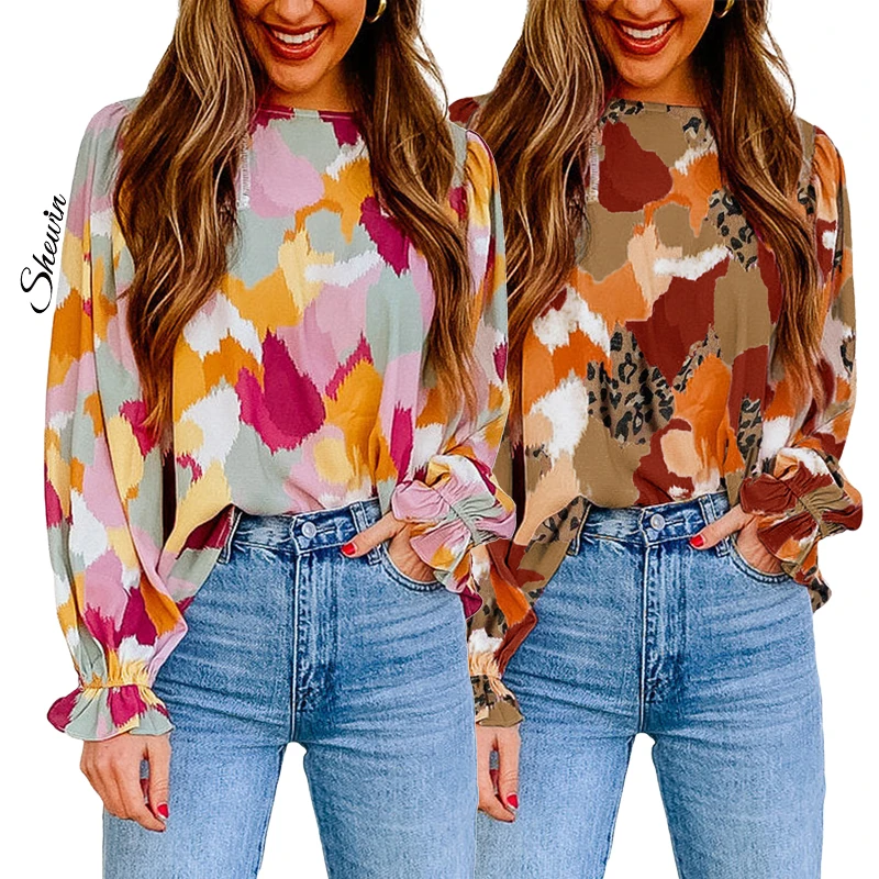 Wholesale Fashion Casual Print Shirts Blouses Women Long Sleeve Tops Shirts For Women