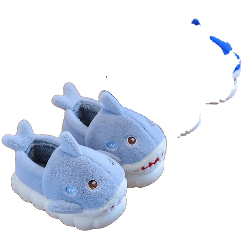 Cartoon Shark Winter Kids Cotton Plush Slippers Indoor Warm Thickened Home Non-slip Plush Shoes