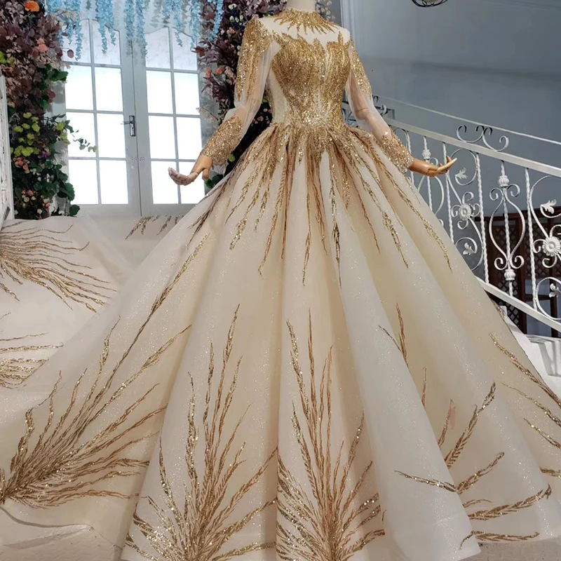 HTL871 Jancember Long Sleeve Lace Wedding Gown With Long Train Golden Heavy Beaded Vestido De Noiva