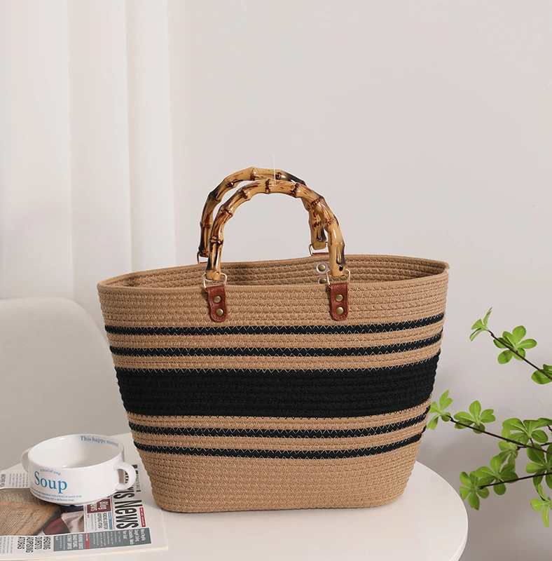 weave cotton handbag beach bag with bamboo handle