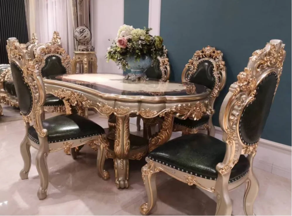 European Antique Home Furniture Luxury Wooden Dining Table 6-8 Chairs Hand Carved Gold Dining Set