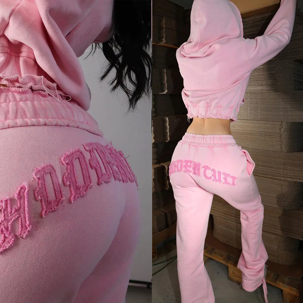 Custom Logo Zip up Two 2 Piece Sweatpants And Hoodie Set Womens Embroidery Washed Cropped Sport Street Wear Joggers Tracksuits