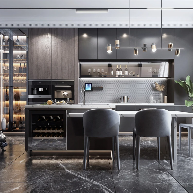 Modern High End Black Single-wall Bespoke Blue Matt Kitchen Cabinet With Large Island