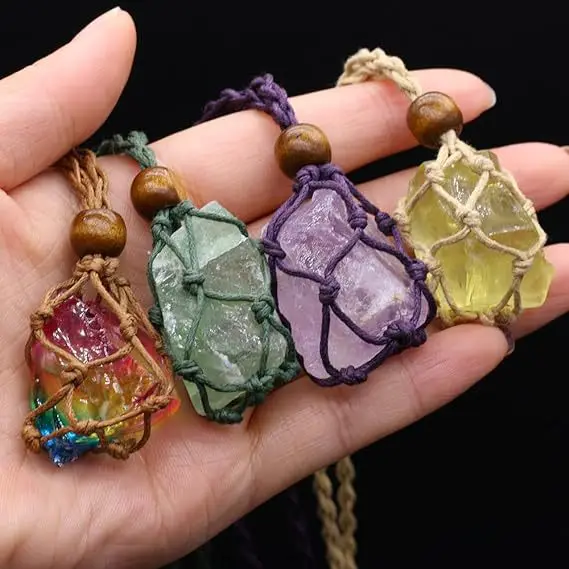Natural Handmade Woven Raw Stone Crystal Gem Net Necklace Large Granule Pendant Jewelry Energy Gem Necklace