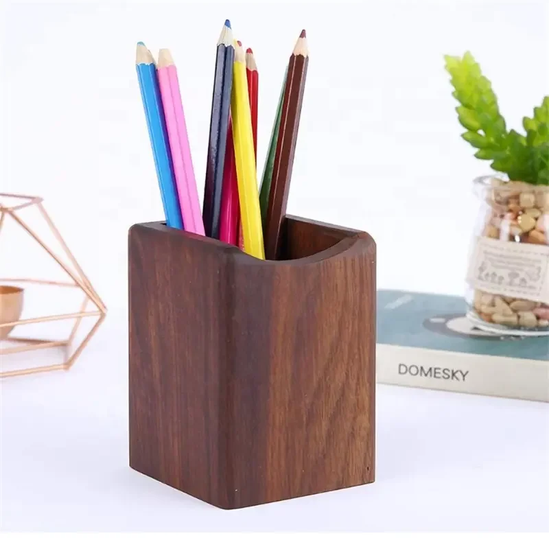 WOQI Wholesale Creative multifunctional log pen bucket Office Supplies desktop wooden pen holder wooden marker pen container
