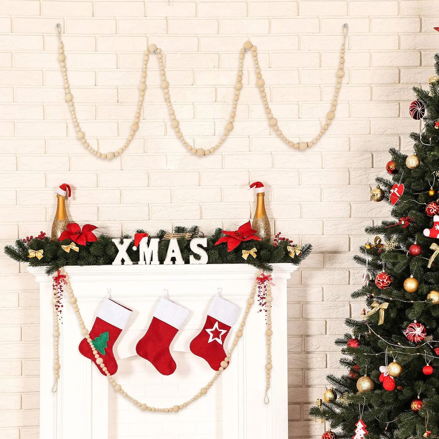 13.6 Feet Christmas Wood Bead Garland Christmas Tree Garland Boho Decorations Wall Hanging Farmhouse Home Decor Rustic Country