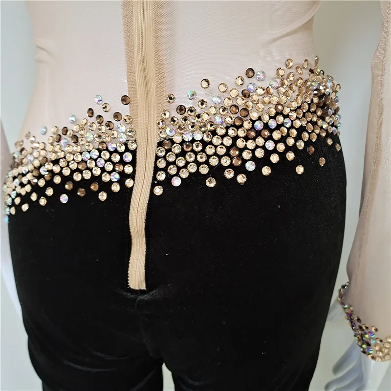 A3747 customize 2024 new high quality fashion lady wear long sleeve extreme sexy crystal long jumpsuit  Ship in 7-15 days