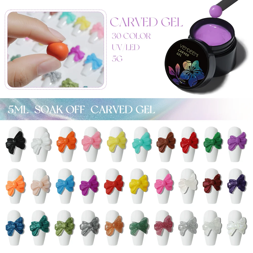 Vendeeni 30 colors 5ml acrylic soak off extension gel for 3d carving nail gel design sculpture gel for carved nail art