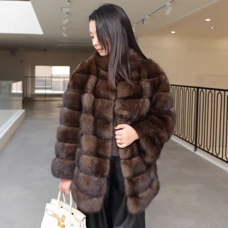 custom Women  Russia  real sable fur   coat   Winter Long 75cm pure natural sable fur overcoat