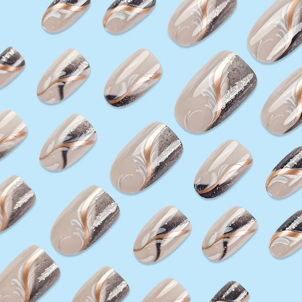 Ms.Miemie 24-Piece French Short Oval Silver wave minimalist design, detachable and reusable artificial nails