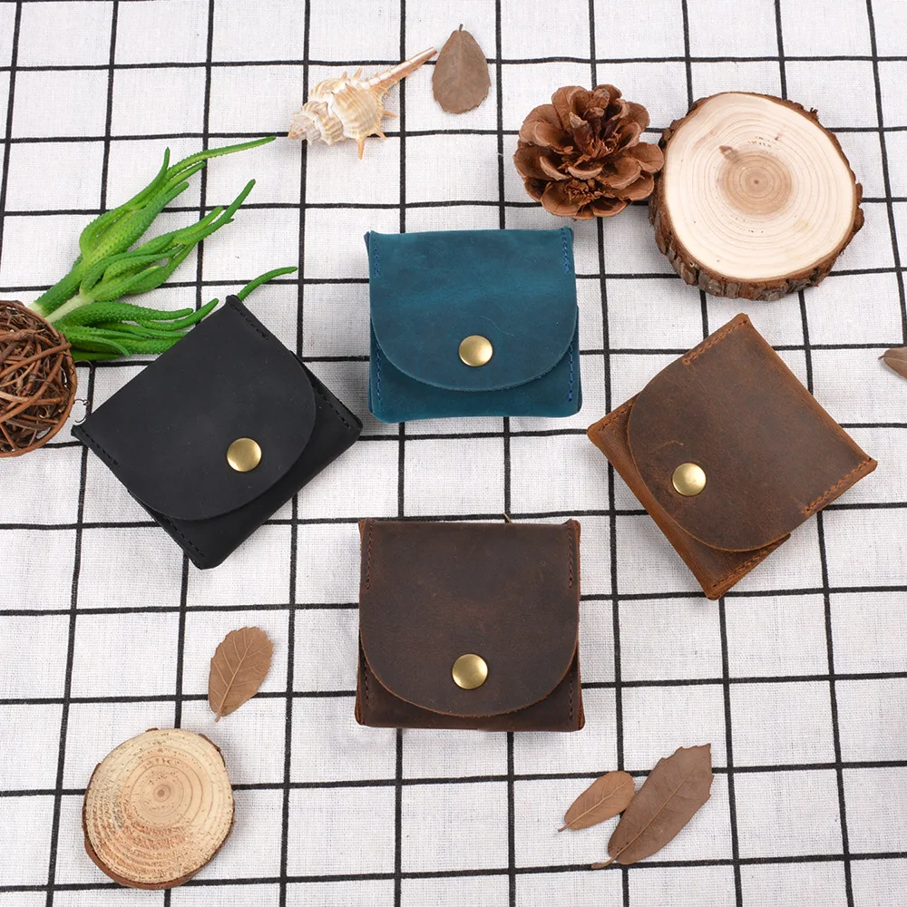 Beautiful Textured Simple Grade Crazy Horse Leather Coin Purse Durable Cute Mini Change Purse Top Grain Leather Hand Made Custom