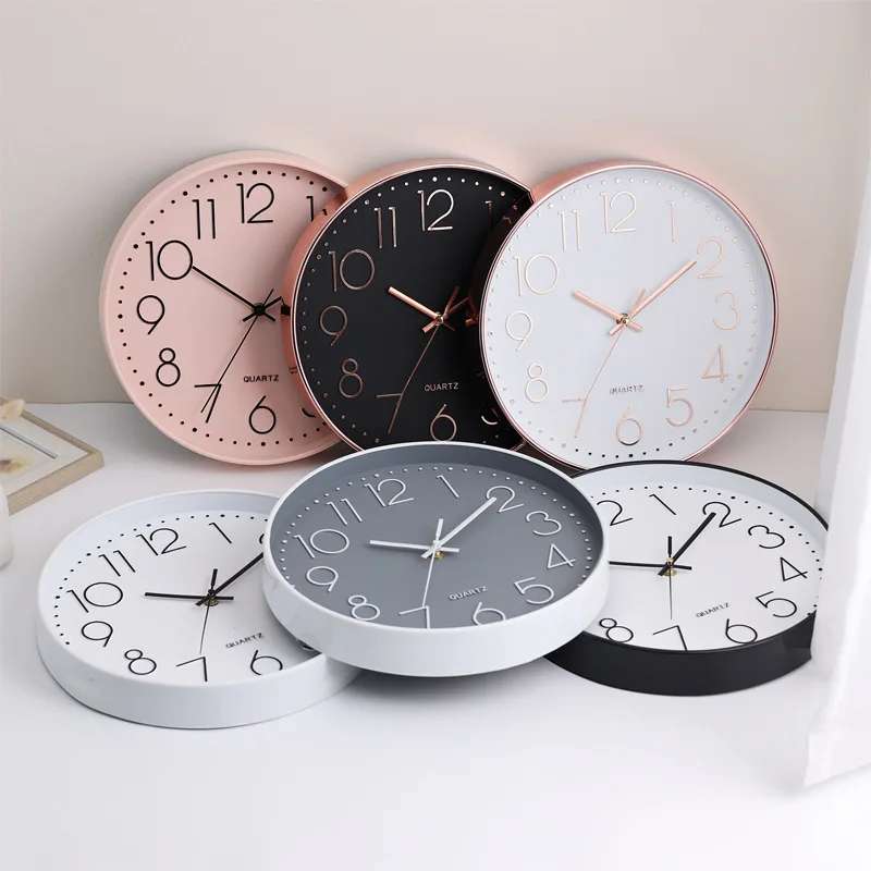 12 Inch White Modern Design Round Silent Non-ticking Customized Cheap Plastic Wall Clock with 3D Numbers for Home Decoration